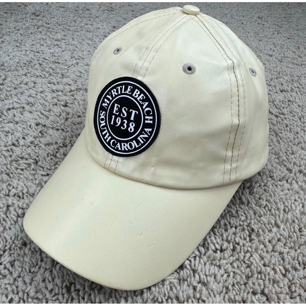 Lucky 7 USA Myrtle Beach South Carolina Hat Faux Leather Snapback Cream Mens Cap